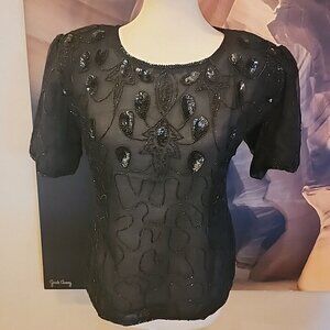 Jaisgumo Silk Beaded Evening Shirt Small Black India NWT Vintage Sheer